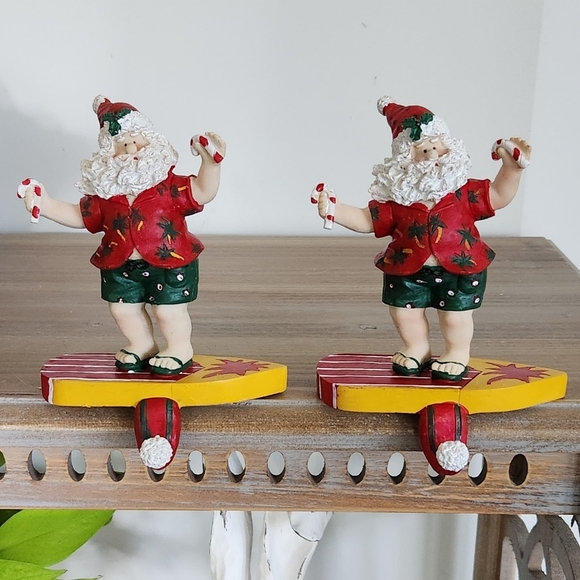 Christmas Surfing With Santa Stocking Holder Figurines Set Preowned Excellent - Picture 1 of 16